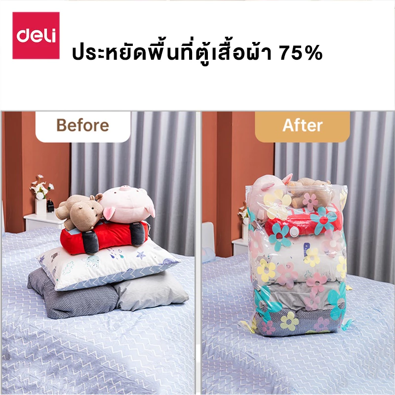 Deli ถุงสูญญากาศ ถุงเก็บผ้านวม 1 ใบ ลายดอกไม้ มีวาล์ว ประหยัดพื้นที่ ใช้ซ้ำได้ Storage Vacuum Bag thumbnail 5