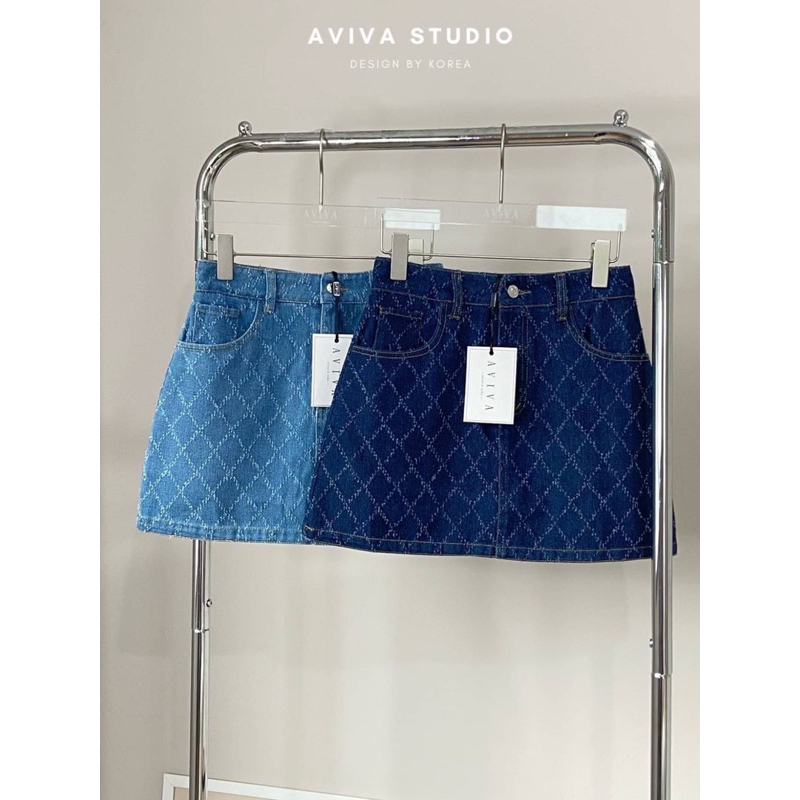 AVIVA STUDIO 💙🖤 กางเกงกระโปรงยีนส์สกิดตาราง