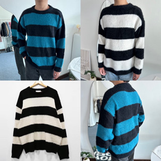 UMORE.FOR.MEN ✨พร้อมส่ง Stripe wool sweater เสื้อสเวตเตอร์ลายทาง ผ้าหนาอุ่นนุ่ม ไม่คัน 🖤