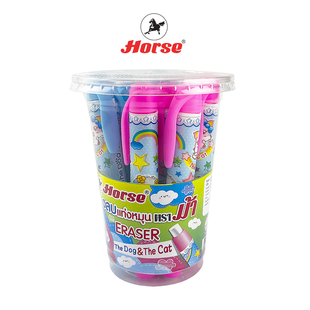 HORSE(ตราม้า) ยางลบดินสอ แบบแท่งหมุน ตราม้า ลาย Dog & Cat บรรจุ12แท่ง/กระป๋อง จำนวน 1 กระป๋อง