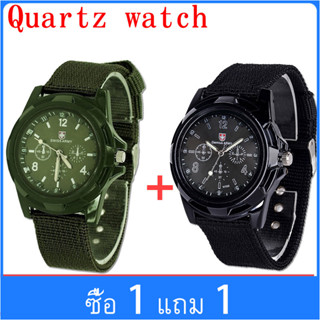 W06【ซื้อ 1 แถม 1】CODทหารผู้ชาย Gem สวิสกองทัพกีฬารอบกดควอตซ์ไนล่อนวงนาฬิกาข้อมือ/Green