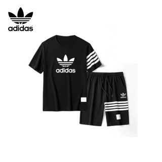 มาใหม่! Adidasชุดสูทผ้าระบายอากาศสำหรับผู้ชายและผู้หญิงชุดกีฬาลำลองเสื้อ+ กางเกงขาสั้น