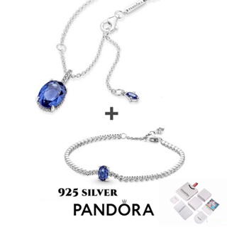 [พร้อมส่งทีไทย]Pandoraสร้อยคอ และสร้อยข้อมือเงิน925 ไพลิน  Sparkling HaloPendant Necklace ของขวัญสำหรับคนพิเศษ ของแท้100