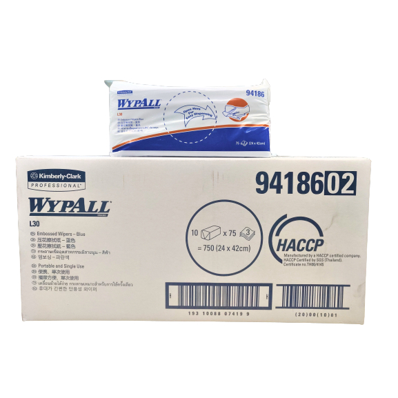กระดาษเช็ดเอนกประสงค์แผ่นสีฟ้า WYPALL L30 Embossed 3Ply Wipers Blue 75 Sheet x 10 Pack by Kimberly-C