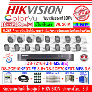 Hikvision ColorVu 3K รุ่น DS-2CE10KF0T-FS 3.6mm(12)+DS-2CE70KF0T-MFS 3.6(4)+DVR รุ่น iDS-7216HUHI-M2/S(E)+ชุด4H2JBP/AC