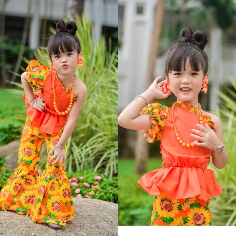ชุดเด็กไทยย้อนยุค ชุดลายดอกเด็ก สีส้ม
