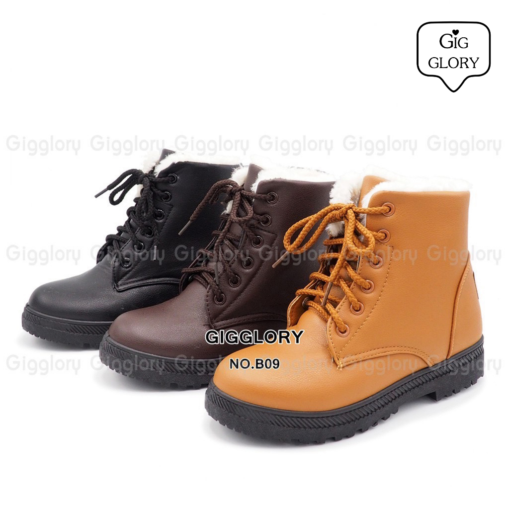 พร้อมส่ง รองเท้าบูทกันหิมะ รองเท้าบูทผูกเชือก หนัง PU ด้านในบุขน (No.B09)