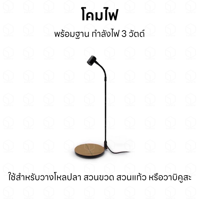 โคมไฟพร้อมฐานสีดำ กำลังไฟ 3 วัตต์ ใช้สำหรับเป็นฐานวางโหลปลา สวนขวด สวนแก้ว สวนถาด วาบิคูสะ มอส ไม้บก ไม้ชื้น แคคตัส