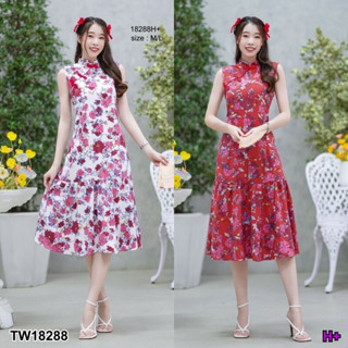 MM18288 เดรสกี่เพ้า คอจีนแขนกุดลายดอกไม้	Mandarin collar sleeveless dress with floral print