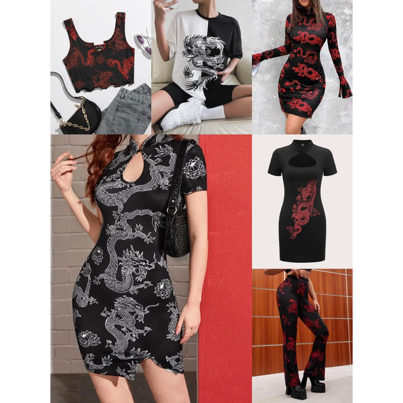เสื้อยืด ครอป เดรสรัดรูป ลายมังกร คอจีน เเฟชั่นต้อนรับตรุษจีน🧧 (พรีออเดอร์) 7-9 วัน