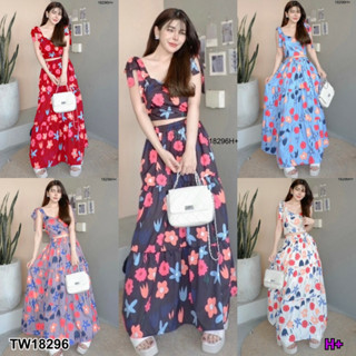 18296 set 2 ชิ้น เสื้อสายเดี่ยวผูกไหล่พิมพ์ลาย + กระโปรงยาวพิมพ์ลาย 2-piece set: printed tank top + printed long skirt