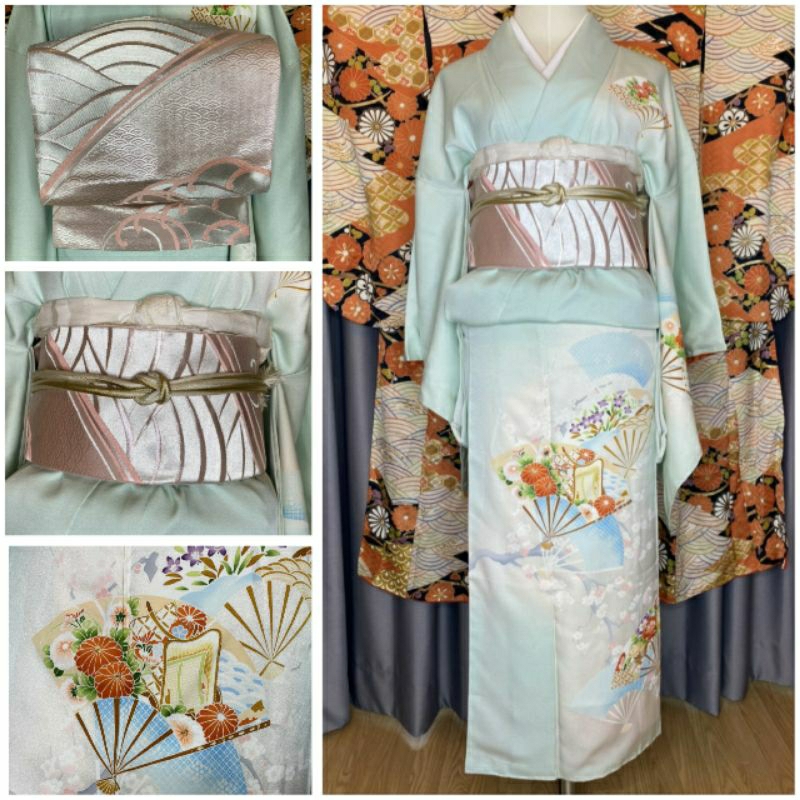 พร้อมส่ง set kimono กิโมโนมือสอง สีเขียวพาสเทล ของแท้จากญี่ปุ่น