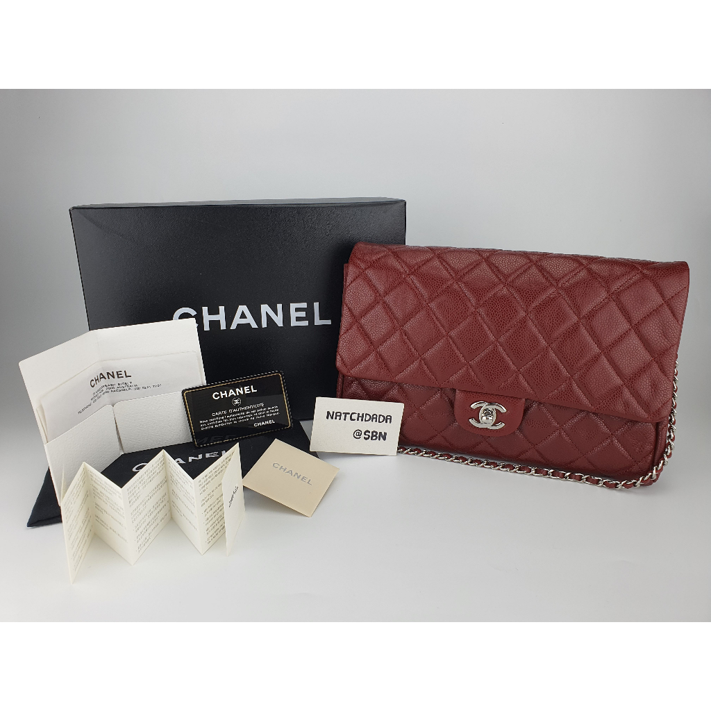 USED!!! CHANEL CLUTCH WITH CHAIN RED BURGUNDY CAVIAR SHW