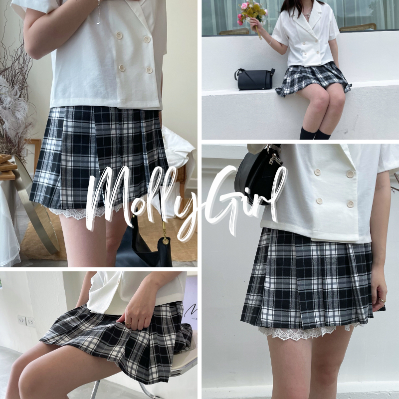 Mollygirl กระโปรงลายสก็อต กระโปรงสไตล์ญี่ปุ่น