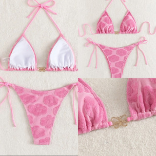 บิกินี่ ชุดว่ายน้ำSuper pink floral set ทูพีชสีชมพูแต่งไหล่เพชรผีเสื้อ