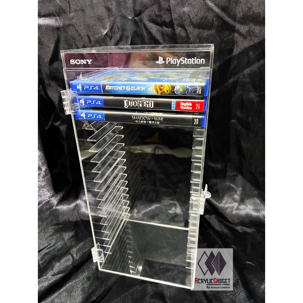 ชั้นวางแผ่นเกม PS 20 ช่อง แบบมีประตูปิดกันฝุ่น มีสีใส สีดำ สีขาว สำหรับลูกค้าที่เคยรีเควสมา