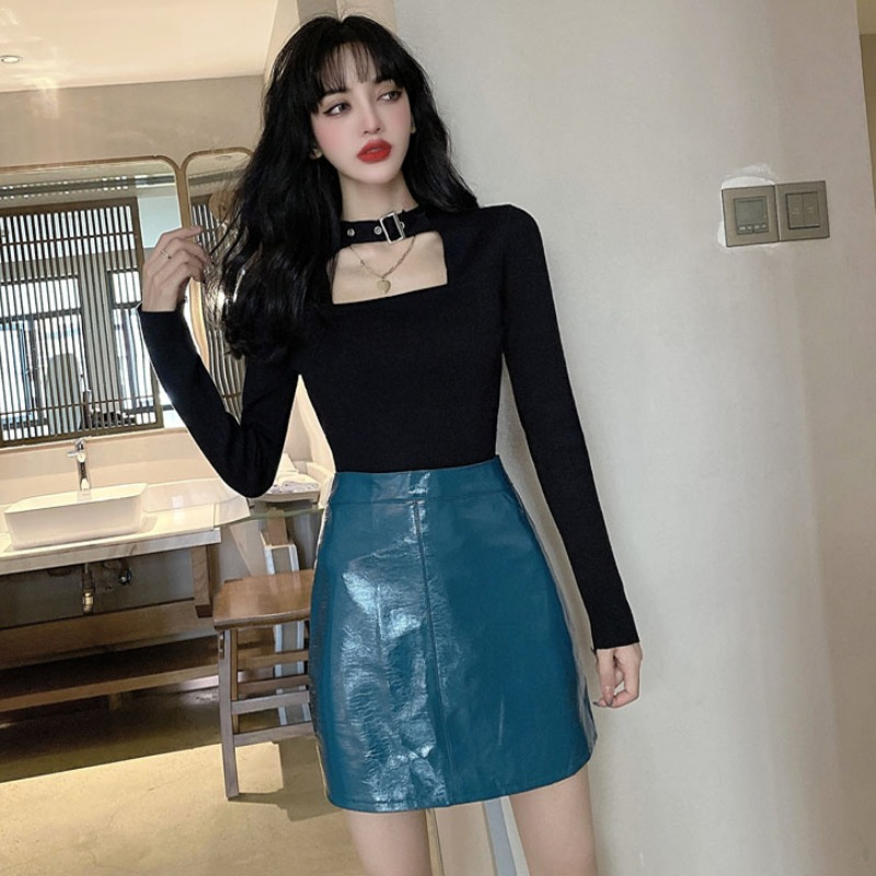 พร้อมส่ง > กระโปรงหนังมัน สีฟ้าทะเล