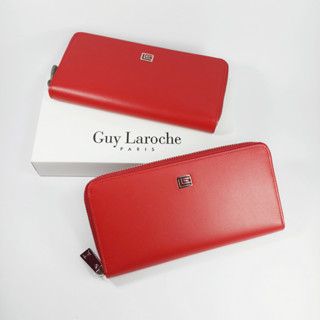 Guy Laroche กระเป๋าสตางค์ผู้หญิงใบยาว ซิปรอบ สีแดง หนังเรียบ ผิวด้าน อะไหล่สีเงิน หนังแท้ 100%