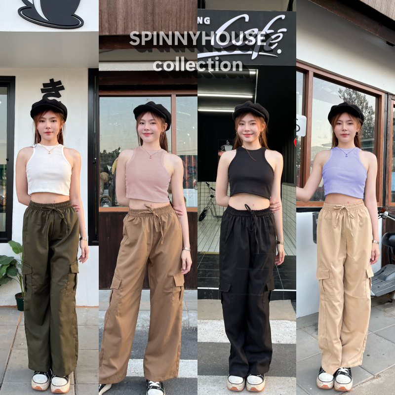 🌈 SpinnyHouse 🌈 กางเกงคาร์โก้ ขากระบอก ผ้าไมโคร💛สไตล์ y2k แมชง่าย ดีเทลกระเป๋าข้าง สไตล์วัยรุ่น รุ่น