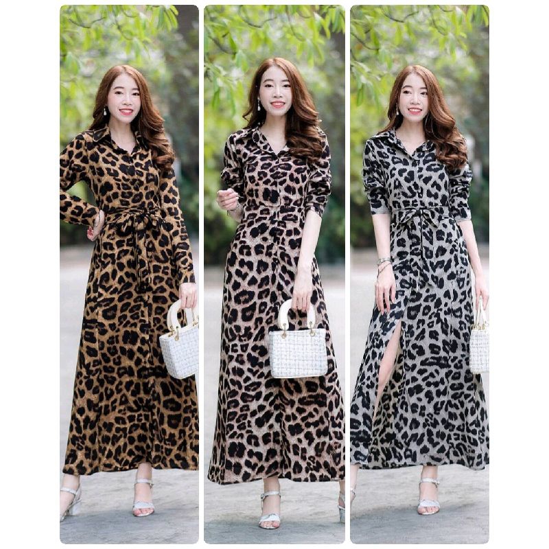 Maxi dress ปกเชิ๊ตลายเสือแขนยาว ติดกระดุมด้านหน้าเปิดได้  มีโบว์ผูกเอว ชุดเดรสแฟชั่น เก็บเงินปลายทาง