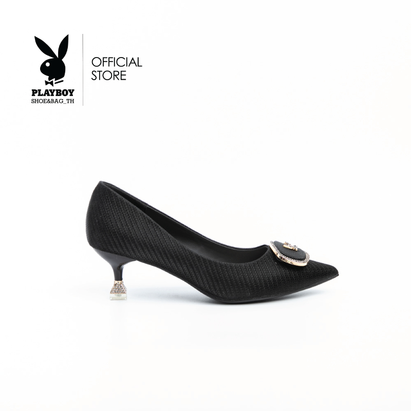 Playboy รองเท้าส้นสูงผู้หญิง ลิขสิทธิ์แท้รุ่นST-H224C1111 ดีไซน์ทรงคัชชู แต่งโลโก้ล้อมเพชร มี2สี สีขาวและดำ