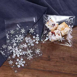*พร้อมส่ง* ถุงฝากาว (100ใบ) ลายเกล็ดหิมะ (เลือกขนาดได้) ซองคุกกี้ บราวนี่ แถบกาวใส่คุกกี้ น่ารัก ขนม