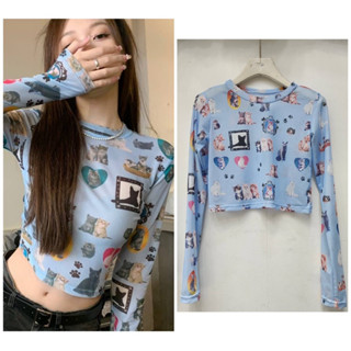 💫New💫(พร้อมส่ง)เสื้อแขนยาวตาข่าย ลายน้อนแมว