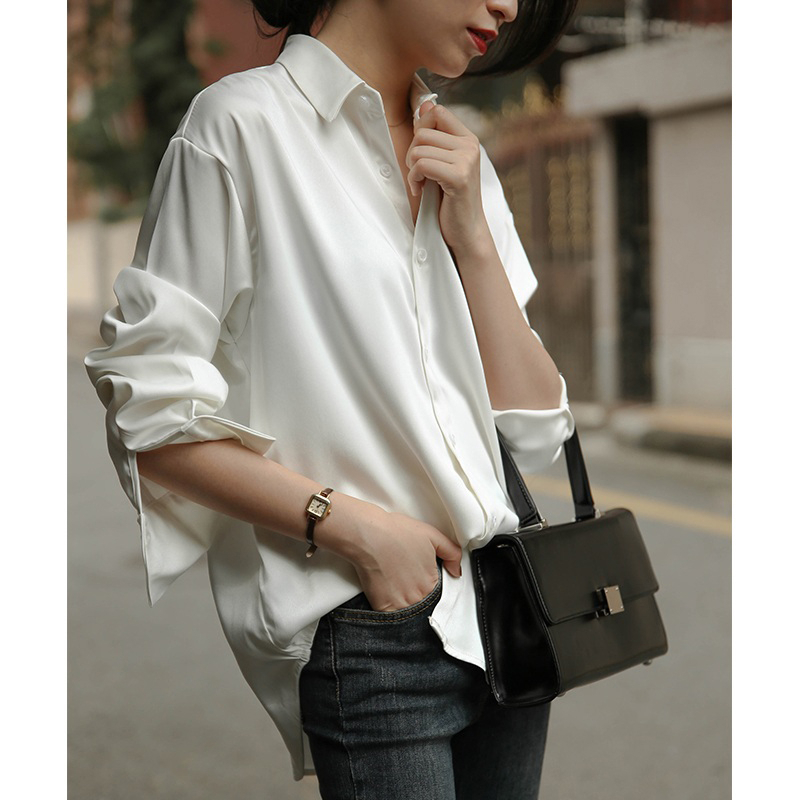 MU2715 เสื้อผ้าแฟชั่นผู้หญิงคุณภาพดีใส่สบาย เสื้อเชิ้ตสีขาวใส่ทำงาน เชิ้ตติดกระดุมแขนยาวคอปก oversize ผ้าซาติน