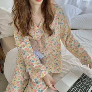 🌺ชุดนอนสตรี  เสื้อคาร์ดิแกน ชุดนอนผู้หญิงขายาว เสื้อผ้าใส่อยู่บ้าน น่ารัก ชุดนอนสองชิ้น แขนยาว