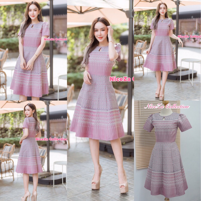Z02(2XL)ป้าย NiceZa💕เดรสยาว เดรสผ้าไทย มัดหมี่ทอลาย แต่งคอหยดน้ำ  ผ้าดีมาก