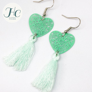 ต่างหูพู่สีเขียวลายหัวใจ น้ำหนักเบามาก น่ารักสไตล์โบฮีเมียน earrings