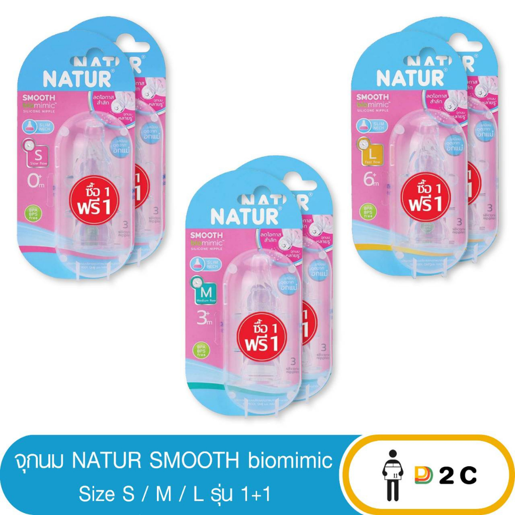 [ซื้อ 1 แถม 1] จุกนม คอแคบ เนเจอร์ ไบโอมิมิค Natur Biomimic Smooth