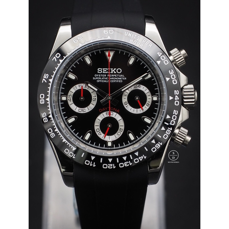 Seiko Mod Daytona Black Ceramic Red Hands with Black Rubber (Daytona Edition) ⚫️🔴