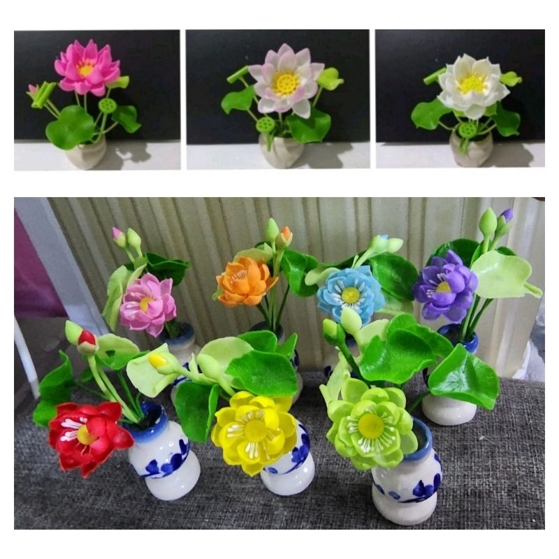 ดอกบัวจิ๋ว ดอกบัวดินปั้น ดอกบัวประดิษฐ์  สูง 4 นิ้ว