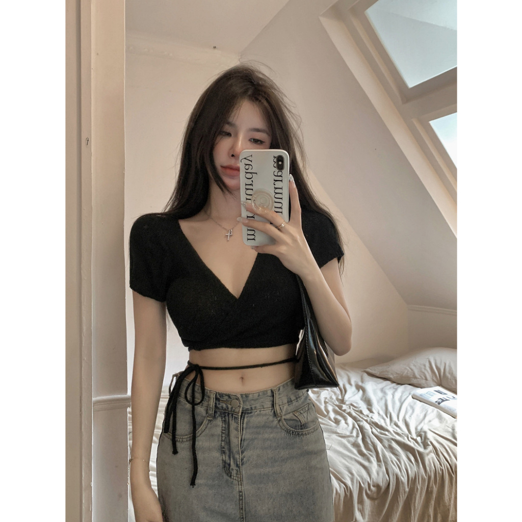 Cicishop(88918)Mini crop เสื้อครอปไหมพรมแต่งหัวใจข้างหลัง กิมมิคเชือกผูกเอวเก๋ๆแมตช์ง่าย ราคา ถูกที่สุด ดีลบีเคเค แกลเลอรีภาพที่ 9
