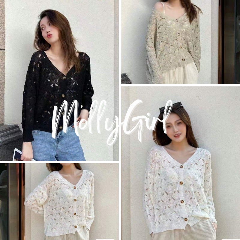 Mollygirl เสื้อคลุมไหมพรมแบบถักคอวี เสื้อคลุมหญิง เสื้อแขนยาว
