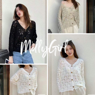 Mollygirl เสื้อคลุมไหมพรมแบบถักคอวี เสื้อคลุมหญิง เสื้อแขนยาว 73109
