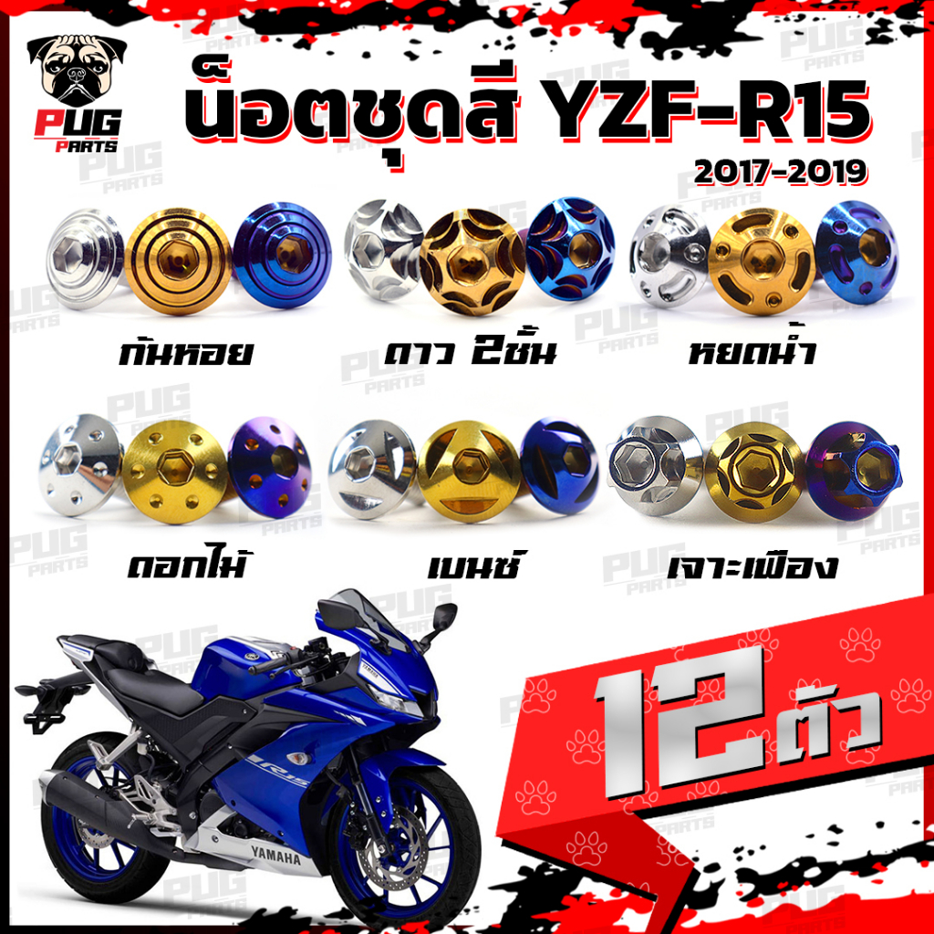 น็อตชุดสีR15 ปี2017-2019(1ชุด=12 ตัว) น็อตชุดสีอาร์-15 น็อตR15 น็อตเฟรมR15 R-15 น๊อตR15 น็อสแตนเลส (