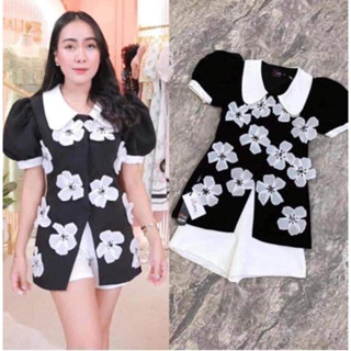 🏷️🏷️Tag : Mariya ชุดเข้าเซ็ตเสื้อแขนสั้น+กางเกงขาสั้น ปักดอก 3D  (Size 2XL)