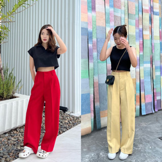 Basic trousers เฉพาะสีแดง,เหลือง ขายาวเอวสูงกระบอกใหญ่ (nita.bkk)