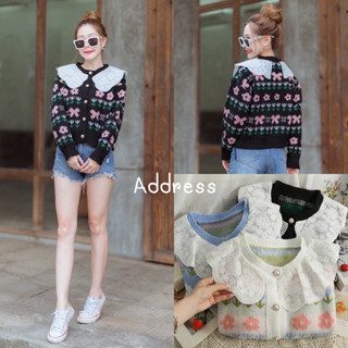 Address เสื้อไหมพรมคาดิแกนแขนยาว  ช่วงคอปกแต่งงานปักลูกไม้ T-Shirtnista