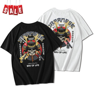 SAMURAI SKULL JAPANESE เสื้อยืดแขนสั้นคอกลม Cotton 100% สกรีนลาย