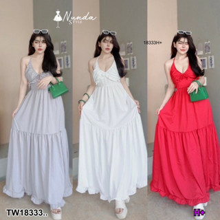 MM18333 เดรสสายเดี่ยวยาวผูกคอ .Long single-breasted dress with neck tie..