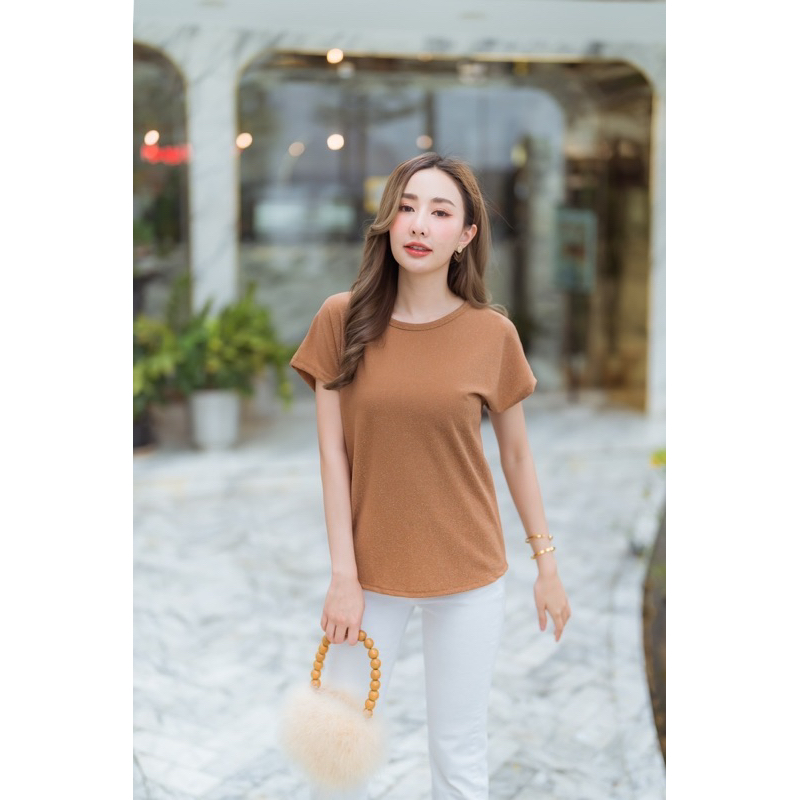 La dress 🌈 L30 [932] เสื้อยืดคอกลมกุ้นแขนในตัว ผ้ากากเพชร