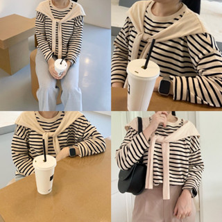 Striped long sleeve knit top-Beigeพร้อมส่ง