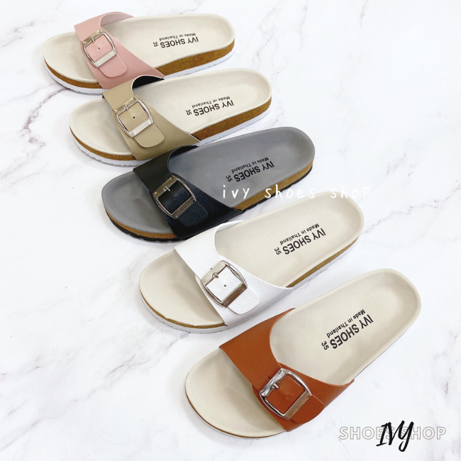 พร้อมส่ง🔥 IVY SHOES รองเท้าแตะ รองเท้าสไตล์ไบเก้น พื้นครีม/พื้มเทา คาดเข็มขัด 1 เส้น พื้นนุ่ม