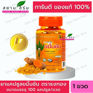 ขมิ้นชันผง แคปซูล Turmeric Capsule   ขมิ้นชันแคปซูล แบบขวด ตราธงทอง 1 ขวด 100 แคปซูล