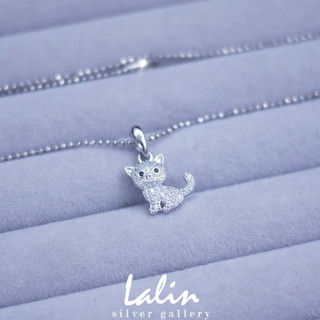 lalinsilvergallery สร้อยพร้อมจี้รูปแมว  ตัวเรือนเงินแท้ ชุบทองขาว ฝังเพชร cz สวยหรูเล่นไฟ น่ารักสุด ๆ