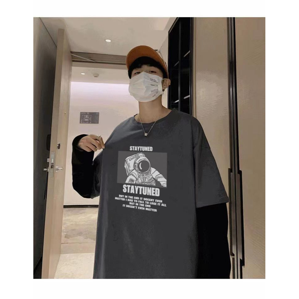 LDF New! เสื้อแฟชั่นผู้ชาย เสื้อแขนยาว เย็บต่อกันปลอมสองชิ้น (สีดำ สีขาว) NTC11