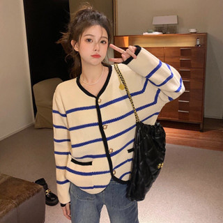 (พร้อมส่ง/1889#)เสื้อคลุมไหมพรมแขนยาวผู้หญิงลายทาง เสื้อคลุมตาร์ดิแกน ไหมพรม เสื้อกันหนาว